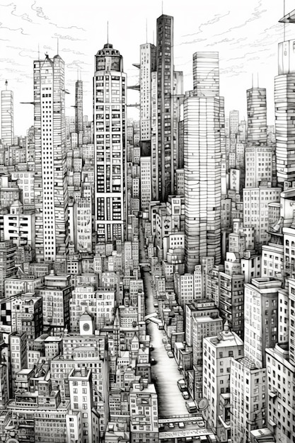 a drawing of a city with a lot of tall buildings generative ai