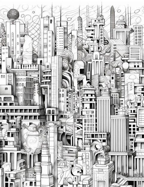 a drawing of a city with lots of tall buildings generative ai