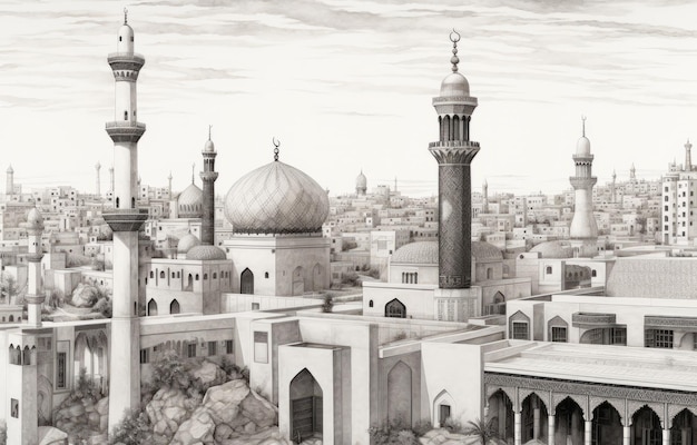 A drawing of a city with a mosque in the middle.
