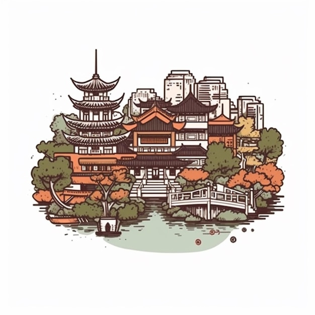 a drawing of a city with a pagoda and a bridge generative ai