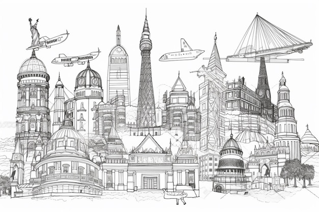 A drawing of a city with a plane and a plane.