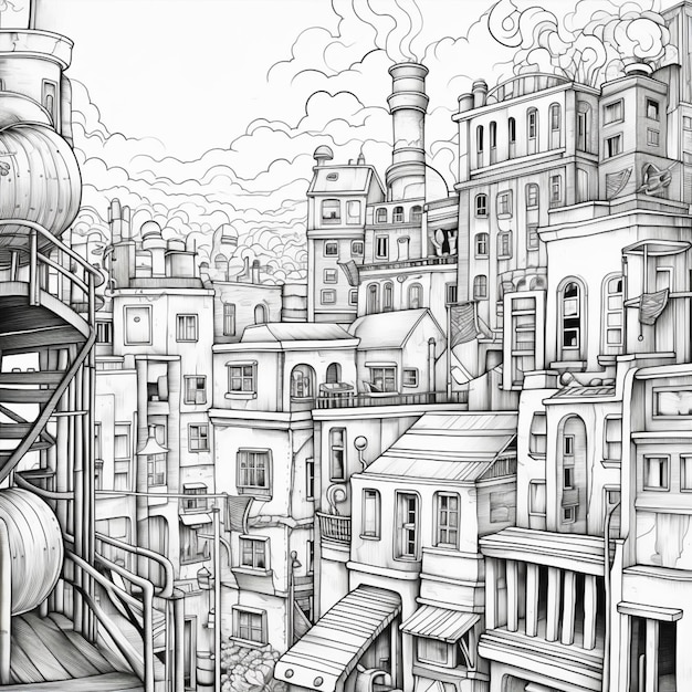 A drawing of a city with a staircase going up to it generative ai