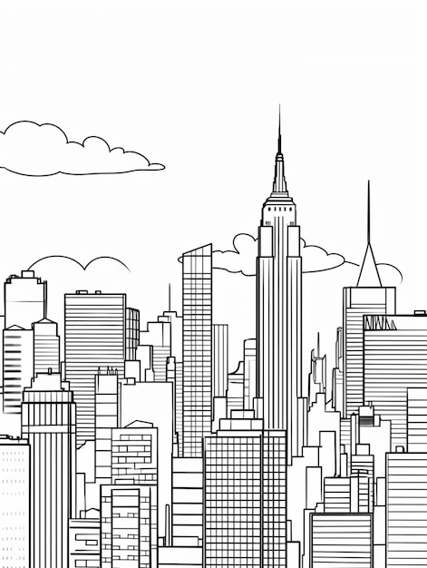 A drawing of a city with a tall building and a sky line generative ai