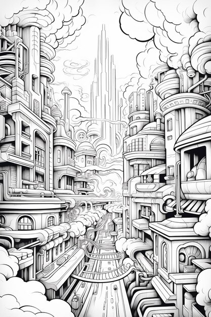 a drawing of a city with a train going through it generative ai