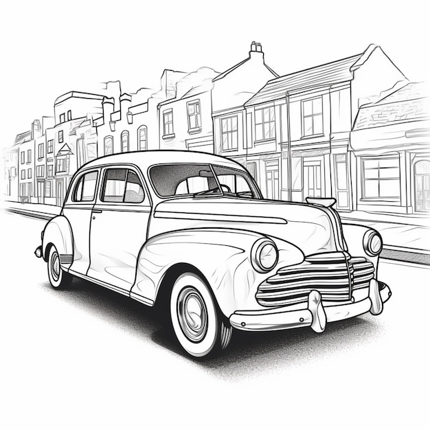 Foto disegno di un'auto d'epoca in una strada cittadina con edifici sullo sfondo ai generativa