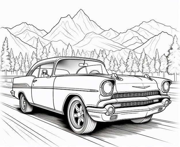 a drawing of a classic car driving down a road with mountains in the background generative ai