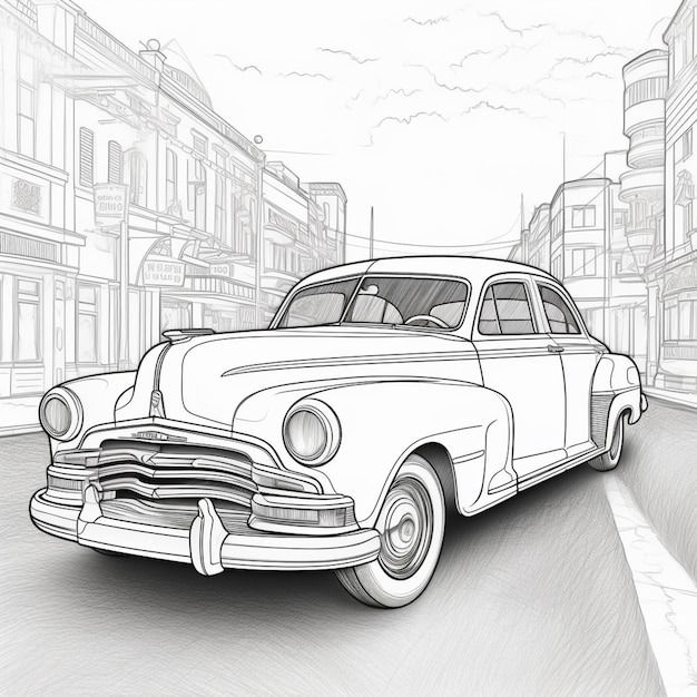 drawing of a classic car driving down a street in a city generative ai