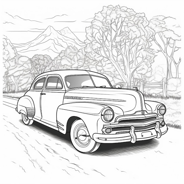 a drawing of a classic car parked on a country road generative ai