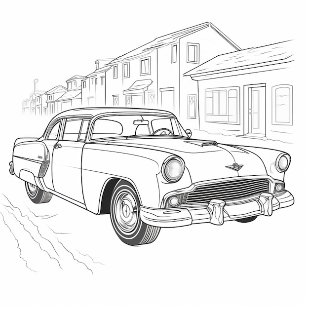 a drawing of a classic car parked on the side of the road generative ai