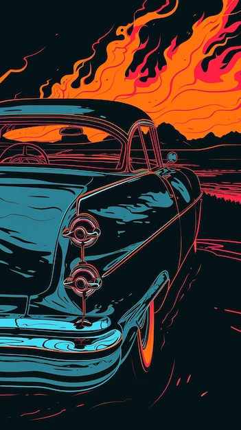 A drawing of a classic car with a fire