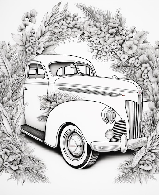 Foto disegno di un'auto classica con fiori e coni di pino generativo ai