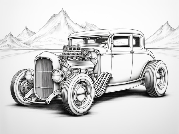 Photo drawing of a classic car with a mountain in the background generative ai