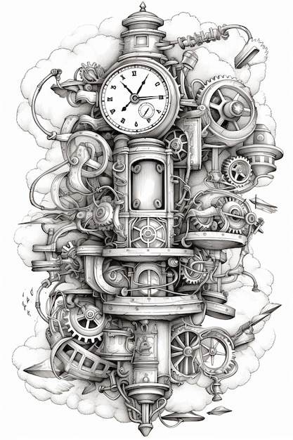 drawing of a clock tower with steam engines and clocks generative ai