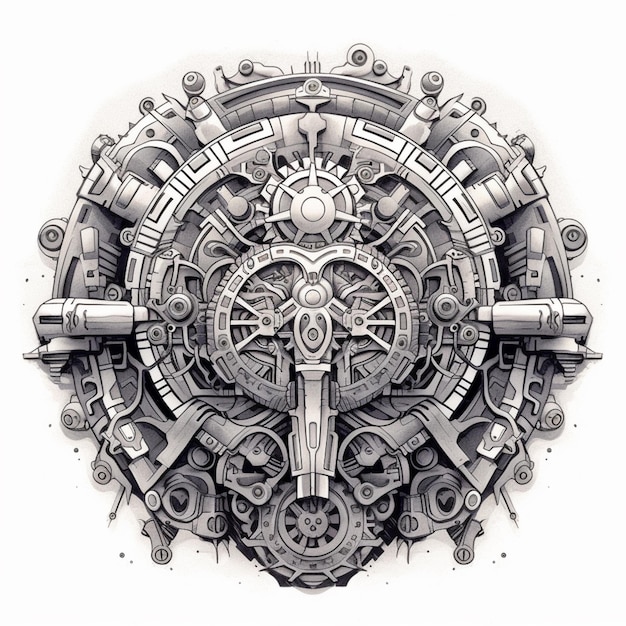 a drawing of a clock with gears and a cross on it generative ai