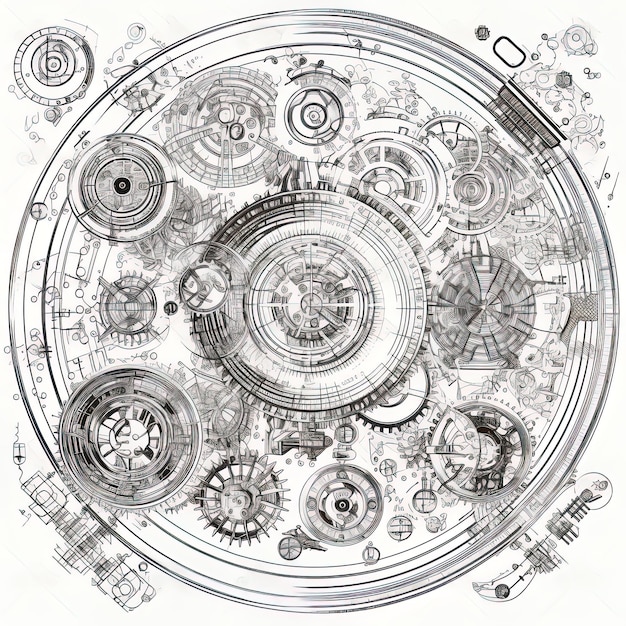 A drawing of a clock with gears and the words time
