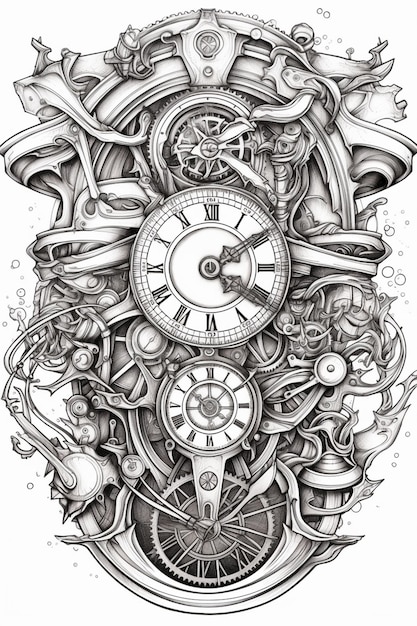 a drawing of a clock with a lot of different things around it generative ai