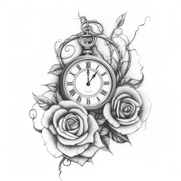 Premium AI Image | A drawing of a clock with roses and vines on it ...