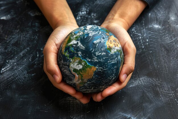 Drawing of closeup hands holding the earth in chalk Generative Ai