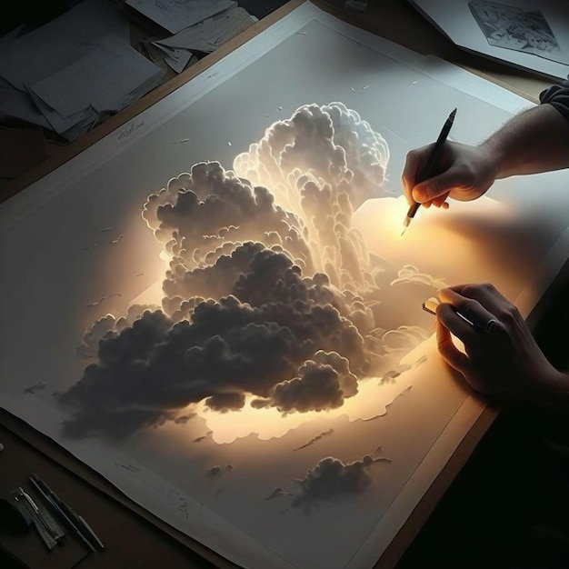 Показан рисунок облака карандашом.
