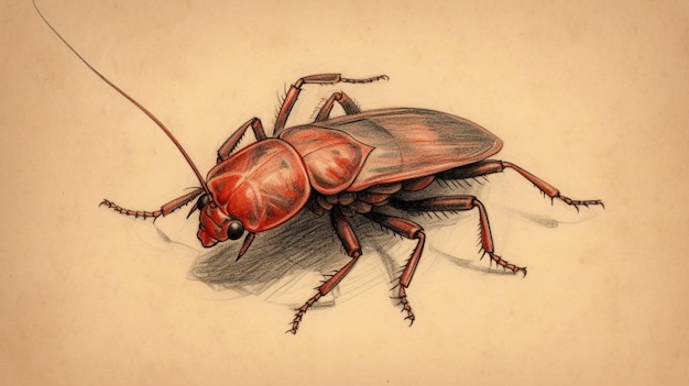 A drawing of a cockroach with red eyes and a red