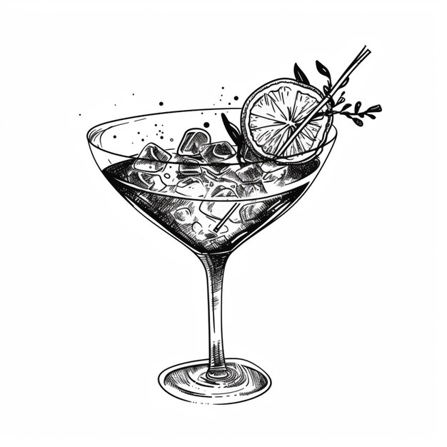 a drawing of a cocktail glass with a slice of lemon and a garnish generative ai