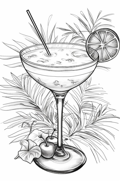 Foto un disegno di un bicchiere da cocktail con una fetta di limone e una cannuccia ai