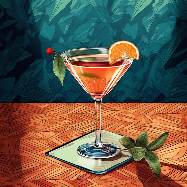 Photo a drawing of a cocktail with a leaf on it