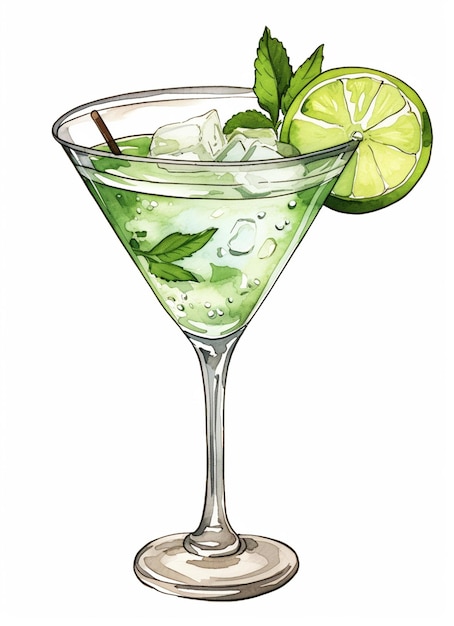 a drawing of a cocktail with a lime slice and mint leaves generative ai