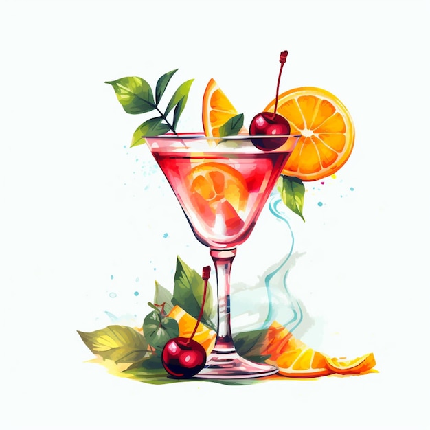 A drawing of a cocktail with oranges and cherries