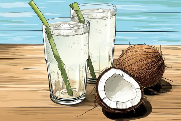 Photo a drawing of coconut water and coconut with a straw