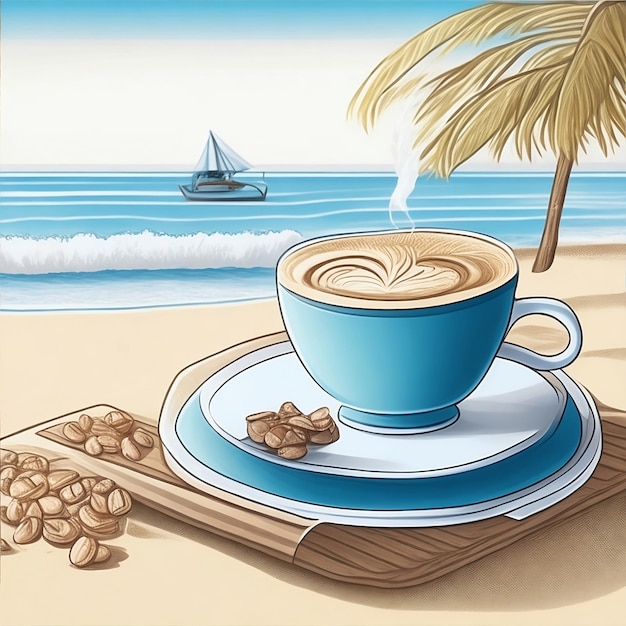 커피의 날에 대한 해변 배경에 커피 컵과 접시의 그림