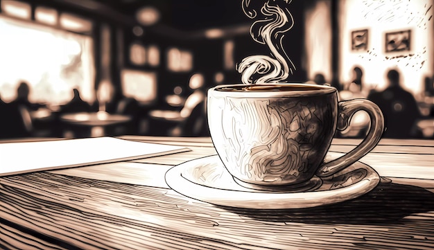 A drawing of a coffee cup on a table in a cafe.