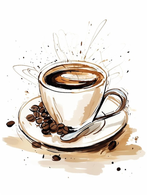 a drawing of a coffee cup with coffee beans and a spoon.