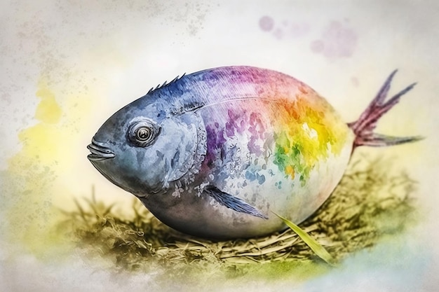 Drawing colorful fish is sitting on a nest