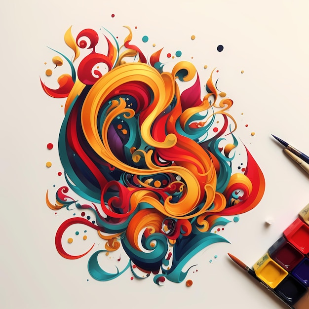 Photo a drawing of a colorful swirl with a paintbrush and a pencil.