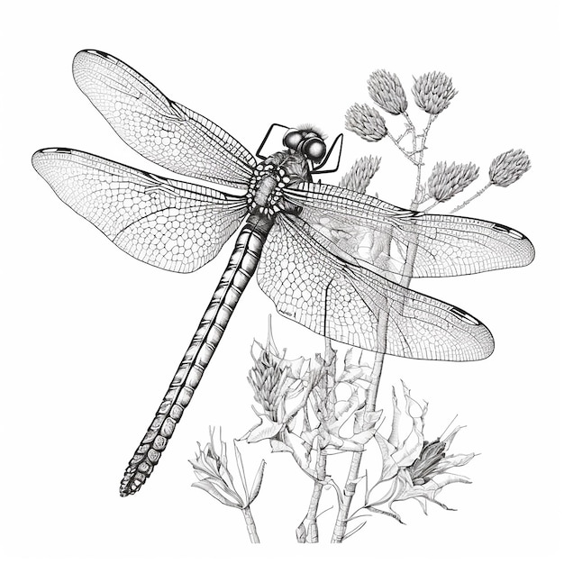 Drawing for coloring large dragonfly on a flower closeup black and white illustration