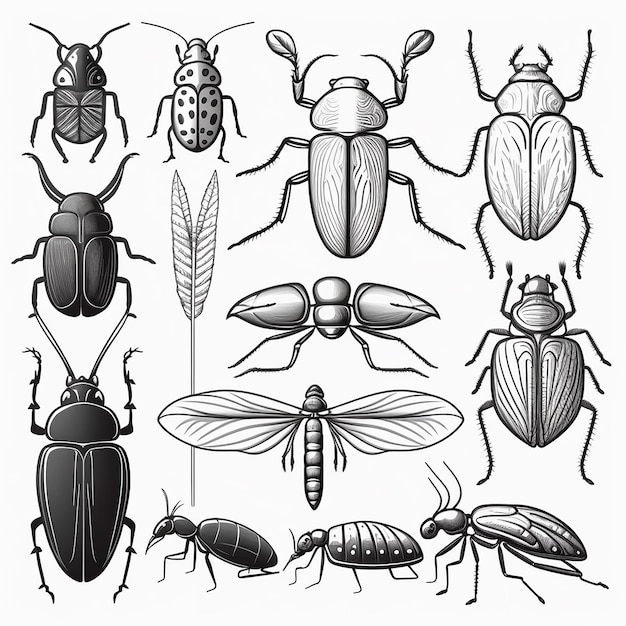 Drawing for coloring many different beetles closeup black and white illustration