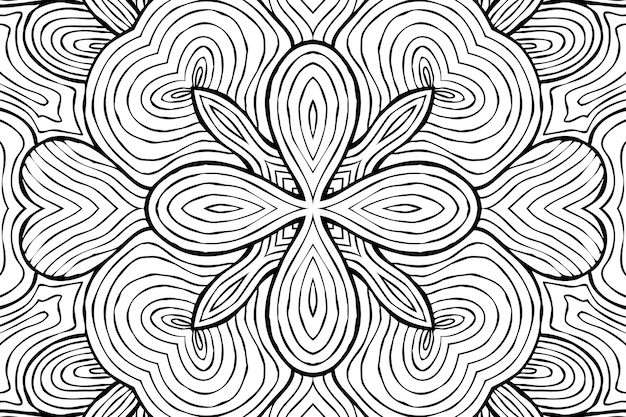 ぬりえページのアンチストレス、黒と白の対称的な花の描画を描画します。モノクロの花の背景。花と手描きの飾り、リラックスした塗り絵。カール曼荼羅瞑想図