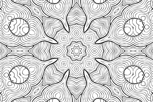 Photo drawing coloring page antistress, black and white symmetrical flower drawing. monochrome floral background. hand drawn ornament with flowers, relaxing coloring book. curls mandala meditative drawing
