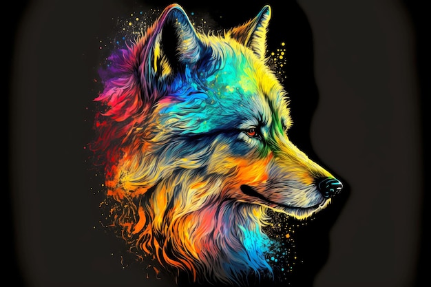 Drawing in colors multicolored wolf head on black background