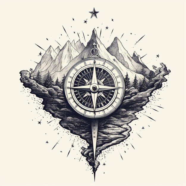 Photo a drawing of a compass with mountains and a star in the background generative ai