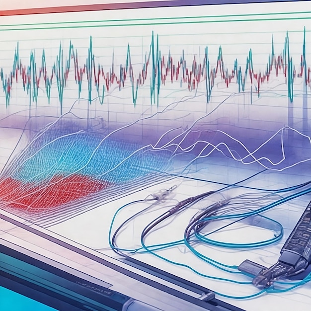 a drawing of a computer modern healthcare screen with a red and blue background