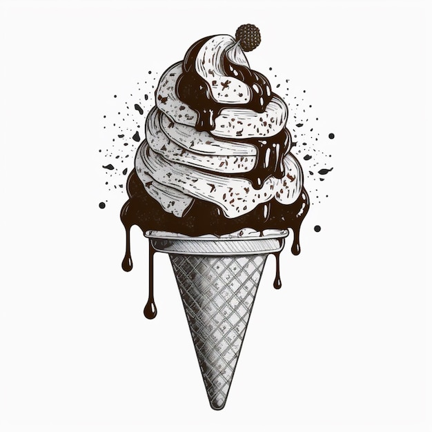 Foto un disegno di un cono con cioccolato e spruzzate su di esso generativo ai