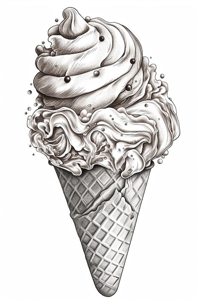 Foto un disegno di un cono con un grande cucchiaio di gelato generativo ai