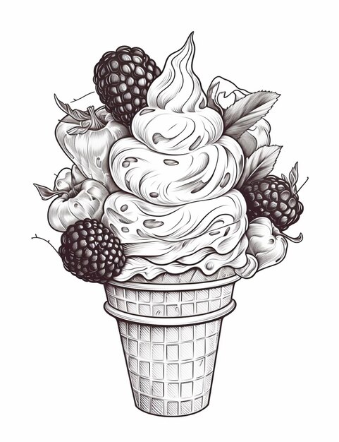 Photo a drawing of a cone with a lot of different fruits in it generative ai