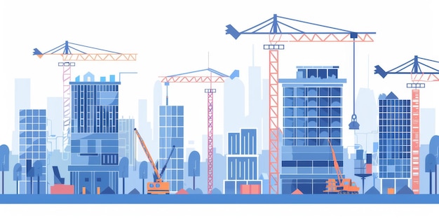 a drawing of a construction site with cranes and a building in the background