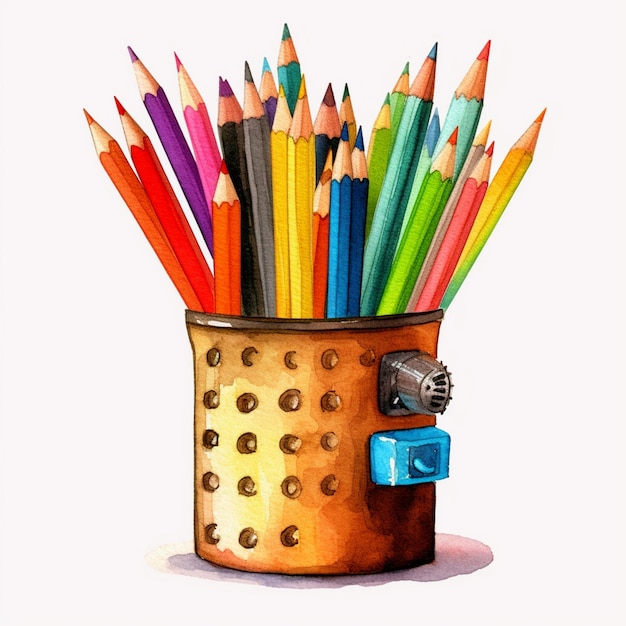 a drawing of a container of colored pencils