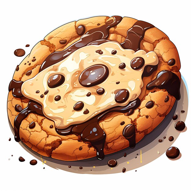 a drawing of a cookie with chocolate syrup and chocolate sauce