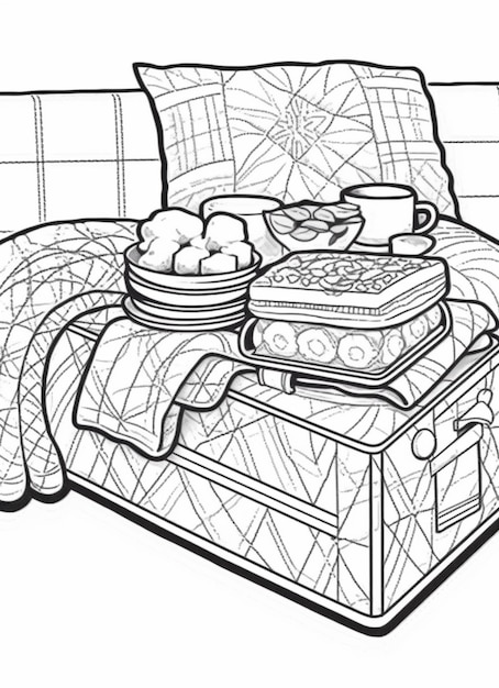 Photo a drawing of a couch with a blanket and a basket of fruit on it generative ai