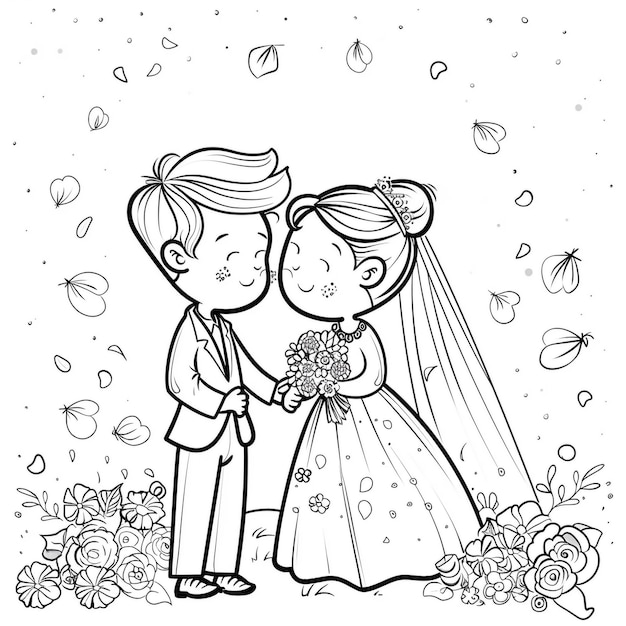 a drawing of a couple and a bride with leaves and flowers